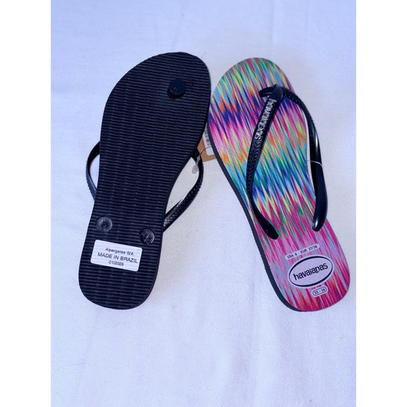 Havaianas Slim Multi Color Ikat Print Flip Flops Black Straps Womens 6 NEW - Picture 3 of 9